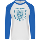 Funny Halloween Zombie We Dont Bite Much Mens L/S Baseball T-Shirt White/Royal Blue