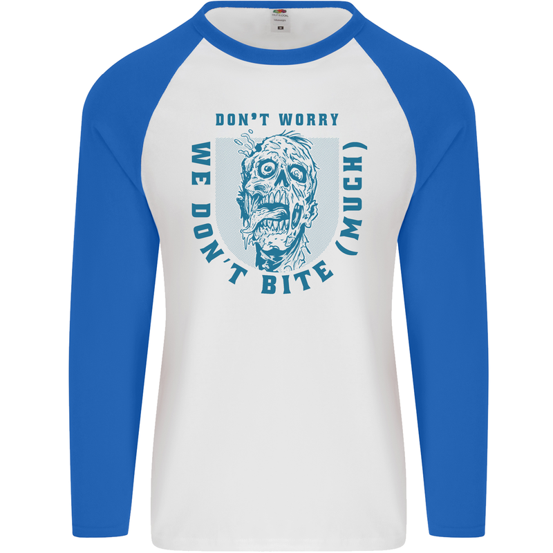 Funny Halloween Zombie We Dont Bite Much Mens L/S Baseball T-Shirt White/Royal Blue