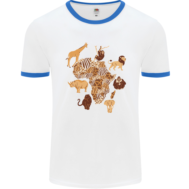 Africa Wildlife Map Giraffe Rhino Ape Elephant Lion Mens Ringer T-Shirt White/Royal Blue