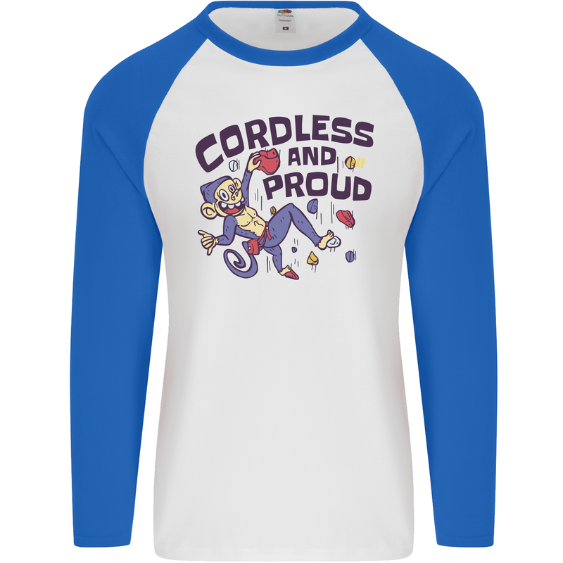 Cordless & Proud Rock Climbing Monkey Mens L/S Baseball T-Shirt White/Royal Blue