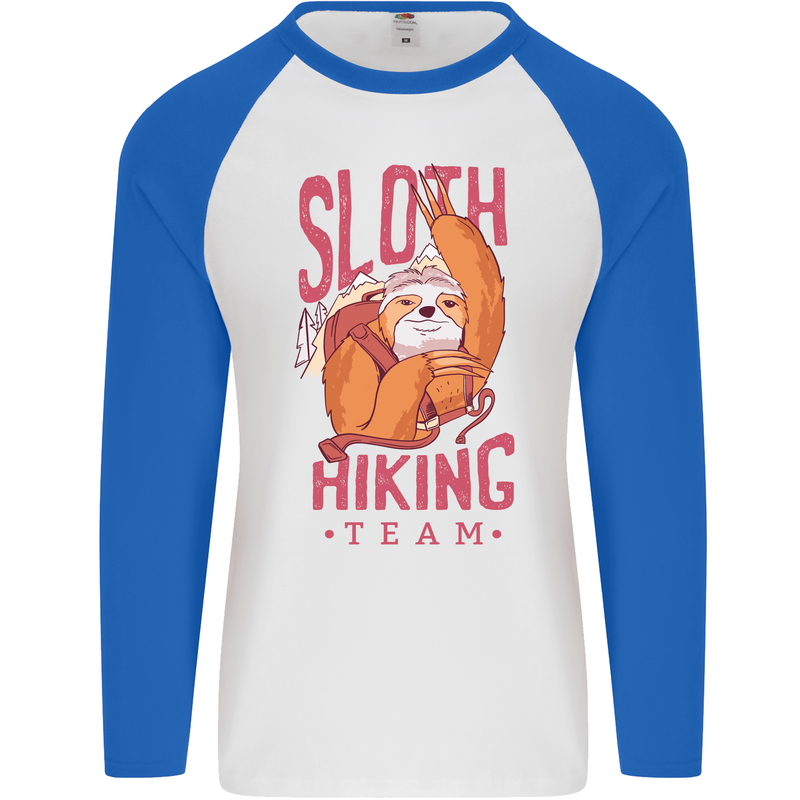 Sloth Hiking Team Trekking Rambling Funny Mens L/S Baseball T-Shirt White/Royal Blue