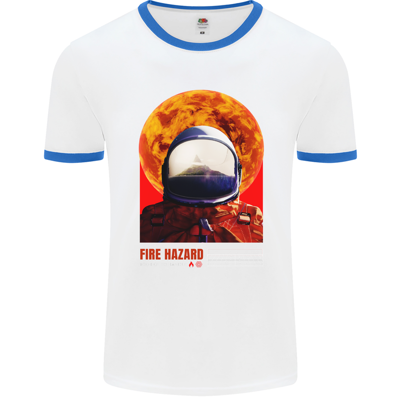 Fire Hazard Too Hot to Handle Astronaut Space Mens Ringer T-Shirt White/Royal Blue
