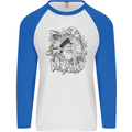 Old Sailor White Shark Octopus Captain Mens L/S Baseball T-Shirt White/Royal Blue