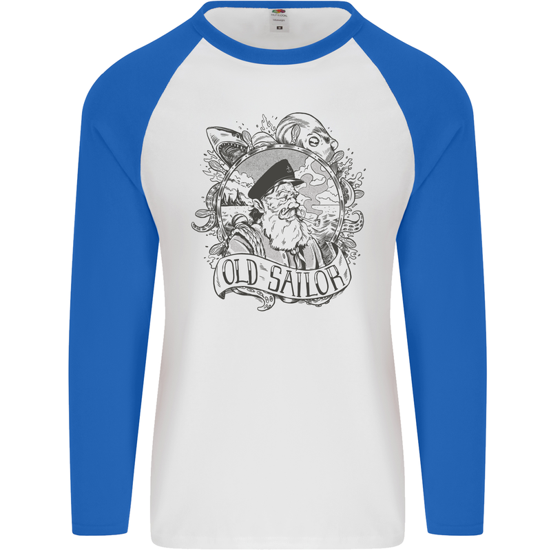 Old Sailor White Shark Octopus Captain Mens L/S Baseball T-Shirt White/Royal Blue