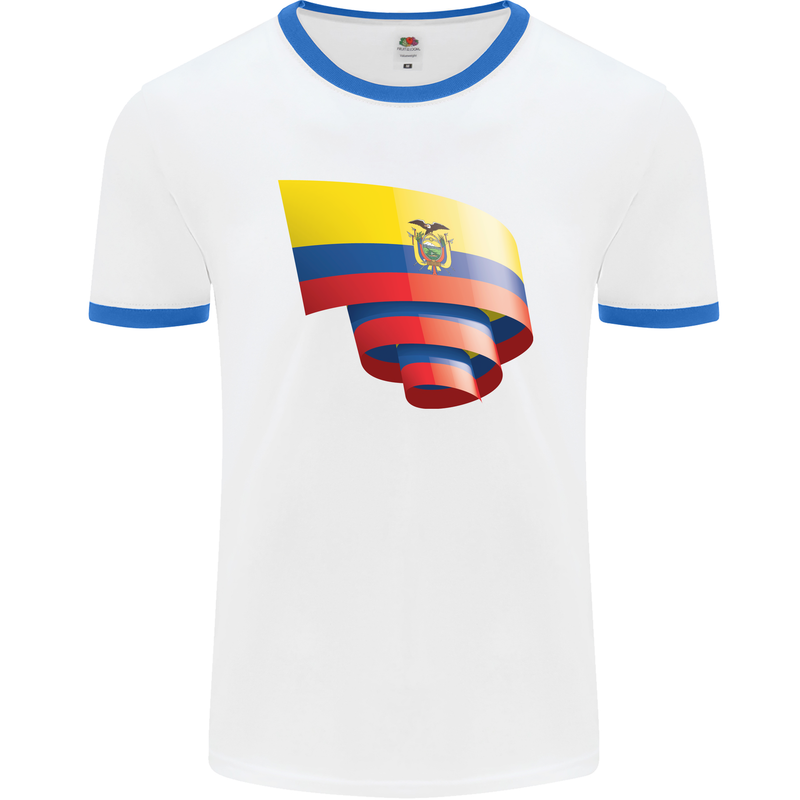 Curled Ecuador Flag Ecuadorian Day Football Mens Ringer T-Shirt White/Royal Blue