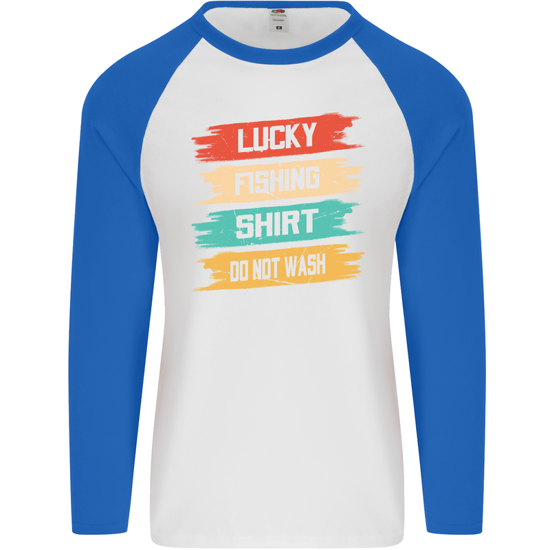 Lucky Fishing Shirt Fisherman Funny Mens L/S Baseball T-Shirt White/Royal Blue