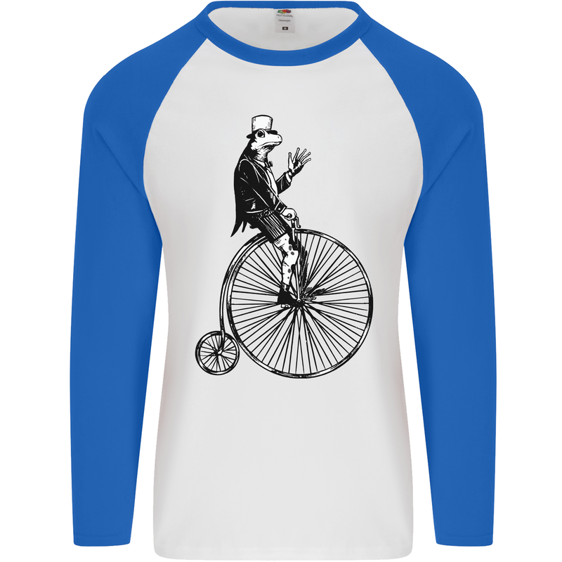 Cycling a Frog Riding a Penny Farthing Mens L/S Baseball T-Shirt White/Royal Blue