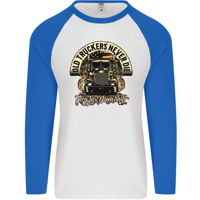 Old Truckers Never Die Lorry Driver Lorries Mens L/S Baseball T-Shirt White/Royal Blue