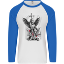St. Michael Killing the Devil Christian God Mens L/S Baseball T-Shirt White/Royal Blue