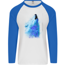 Watercolour Wolf Mens L/S Baseball T-Shirt White/Royal Blue