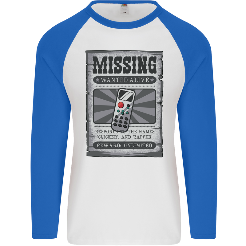 Wanted Remote Control Funny TV Lost Misplaced Mens L/S Baseball T-Shirt White/Royal Blue