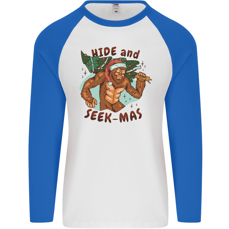 Bigfoot Hide and Seekmas Funny Christmas Mens L/S Baseball T-Shirt White/Royal Blue