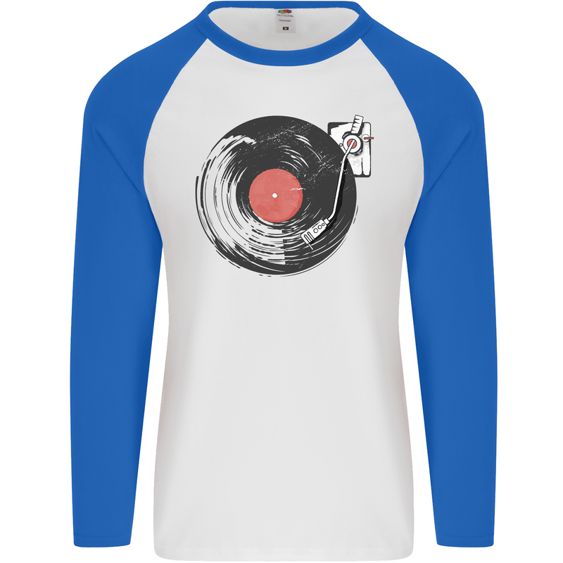 Distressed Vinyl Turntable DJ DJing Mens L/S Baseball T-Shirt White/Royal Blue