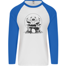 Virtruvian Drummer Funny Drumming Drum Mens L/S Baseball T-Shirt White/Royal Blue