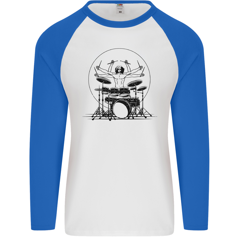 Virtruvian Drummer Funny Drumming Drum Mens L/S Baseball T-Shirt White/Royal Blue