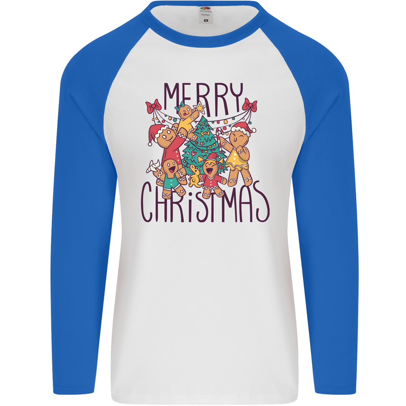 Gingerbread Man Merry Christmas Mens L/S Baseball T-Shirt White/Royal Blue