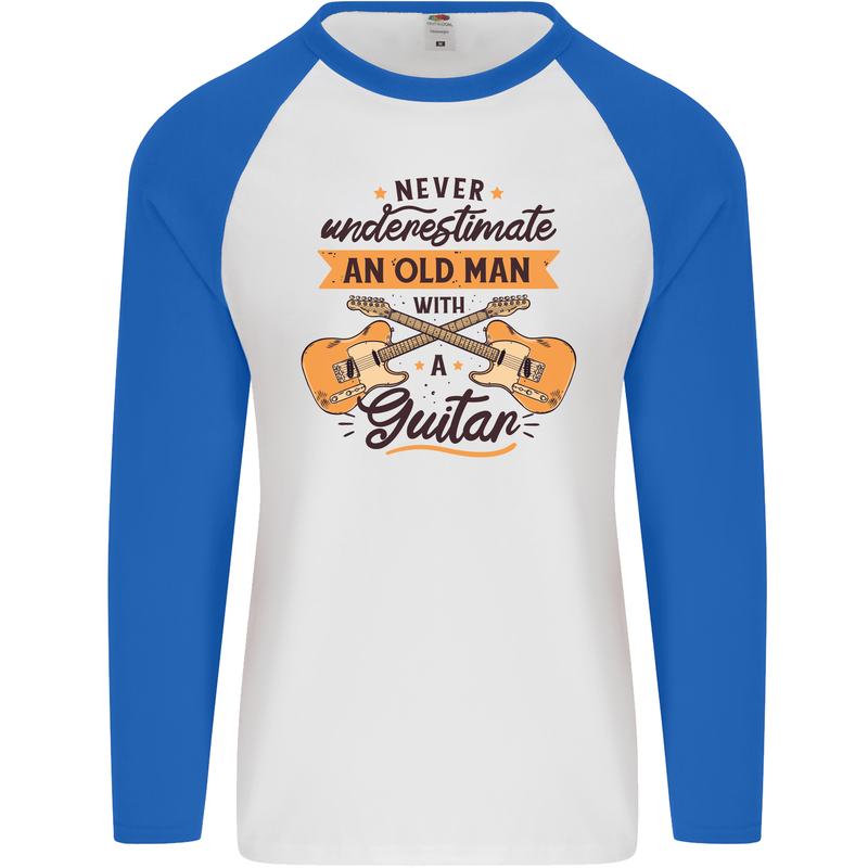 Never Underestimate an Old Man Guitar Mens L/S Baseball T-Shirt White/Royal Blue