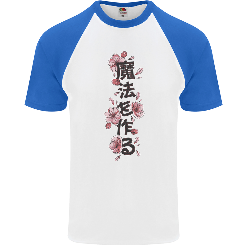 Japanese Flowers Quote Japan Mens S/S Baseball T-Shirt White/Royal Blue
