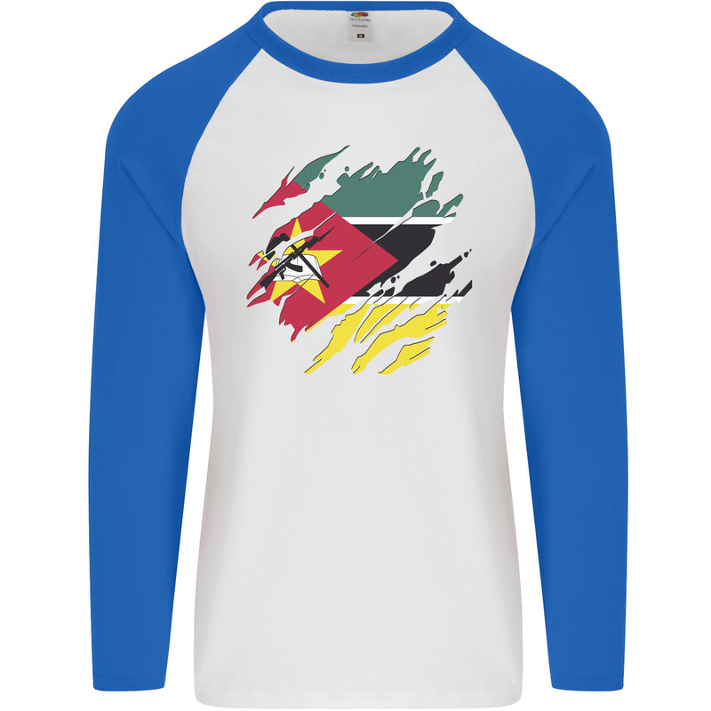 Torn Mozambique Flag Mozambican Day Football Mens L/S Baseball T-Shirt White/Royal Blue