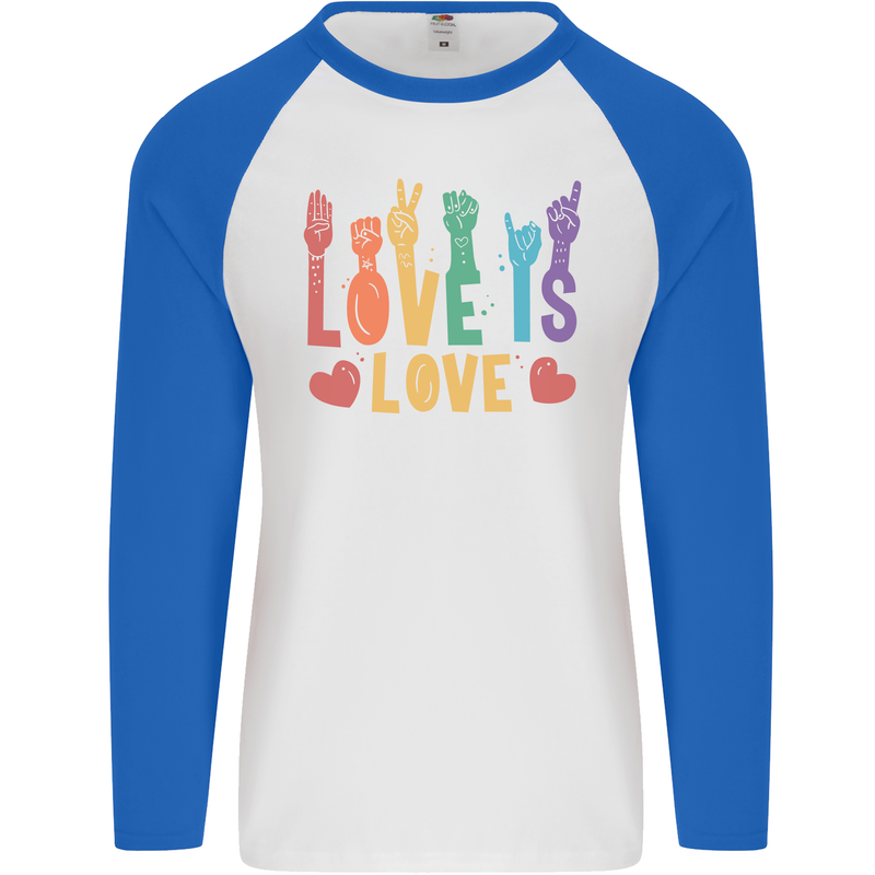 LGBT Sign Language Love Is Gay Pride Day Mens L/S Baseball T-Shirt White/Royal Blue