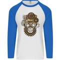 Steampunk Skull Mens L/S Baseball T-Shirt White/Royal Blue