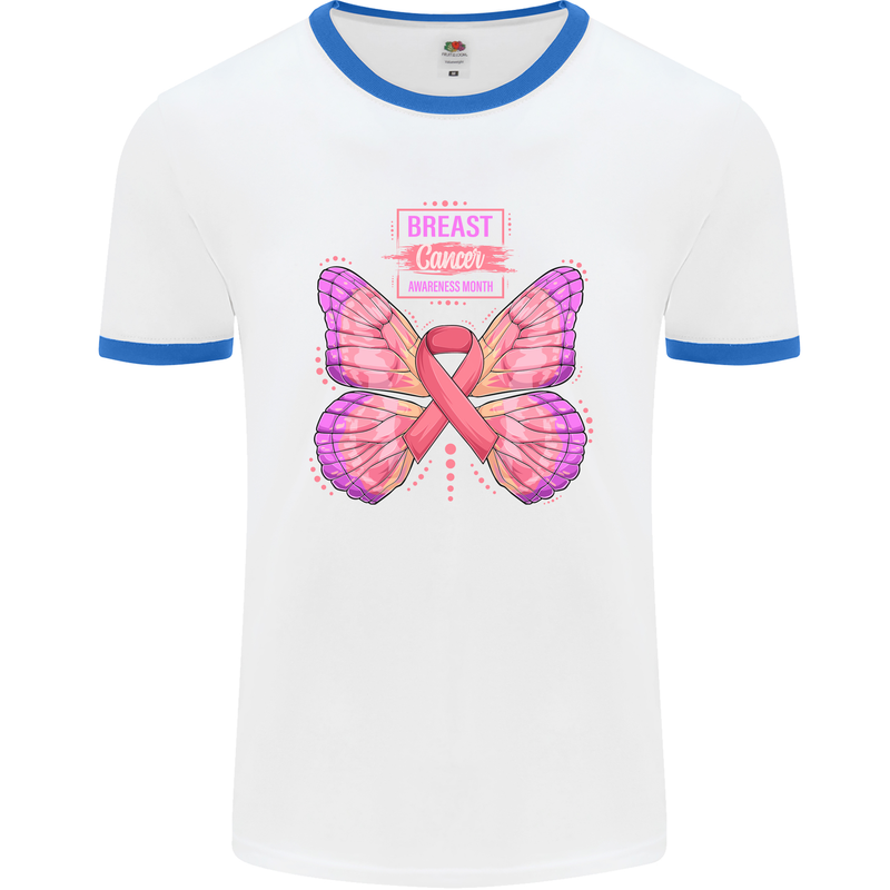 Breast Cancer Awareness Month Butterfly Mens Ringer T-Shirt White/Royal Blue