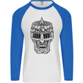 Medieval Skull Helmet Mens L/S Baseball T-Shirt White/Royal Blue