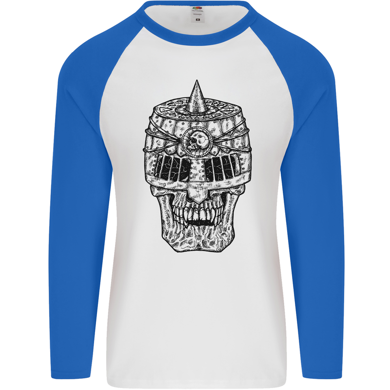 Medieval Skull Helmet Mens L/S Baseball T-Shirt White/Royal Blue