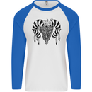 Tribal Bull Skull Buffalo Mens L/S Baseball T-Shirt White/Royal Blue
