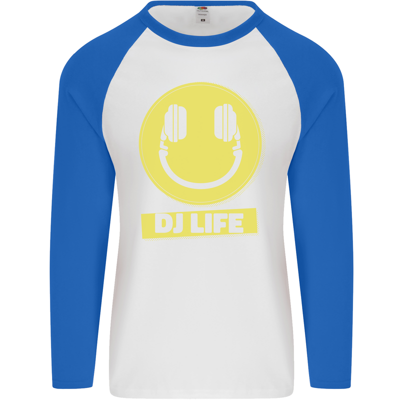 Headphones DJ Life Acid Face Vinyl Decks Mens L/S Baseball T-Shirt White/Royal Blue