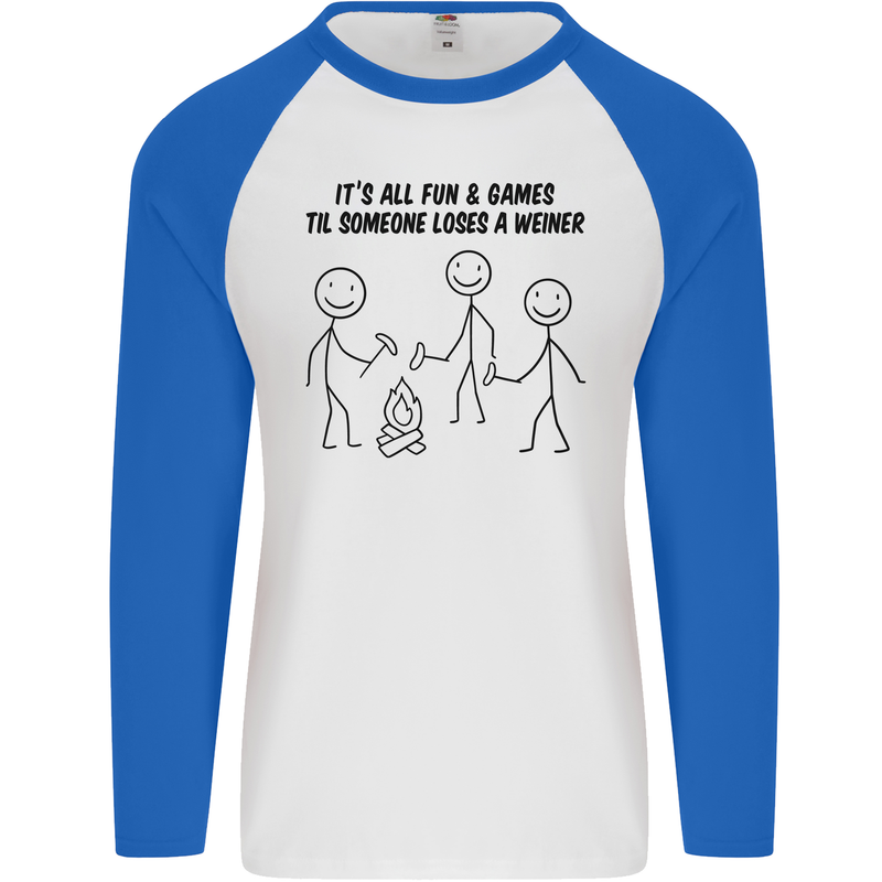 Funny Camping Weiner Mens L/S Baseball T-Shirt White/Royal Blue