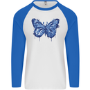 Dripping Blue Butterfly Rhopalocera Mens L/S Baseball T-Shirt White/Royal Blue