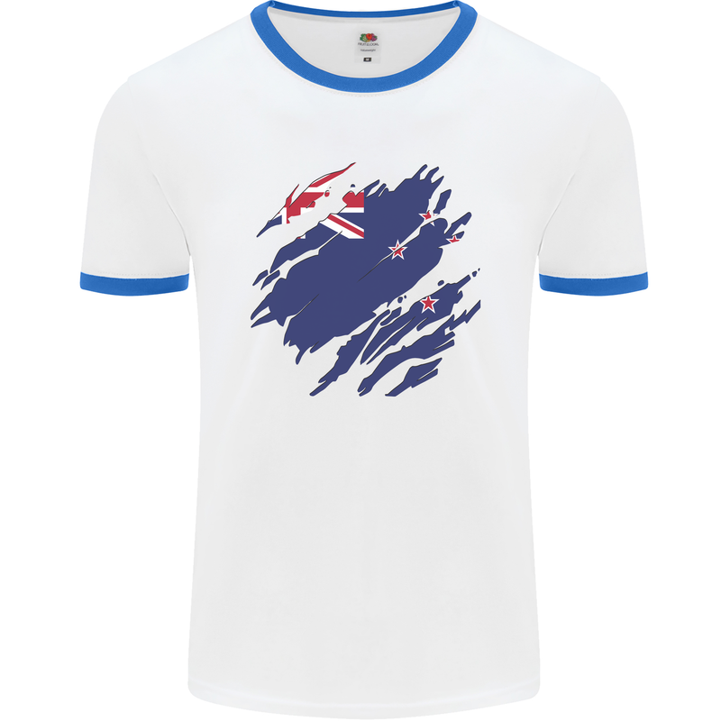 Torn New Zealand Flag Zealander Kiwi Day Mens Ringer T-Shirt White/Royal Blue