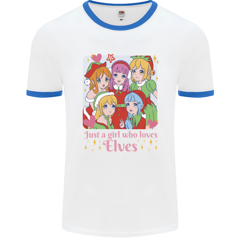 Anime A Girl Who Loves Elves Christmas Xmas Mens Ringer T-Shirt White/Royal Blue