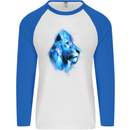 Watercolour Lion Mens L/S Baseball T-Shirt White/Royal Blue