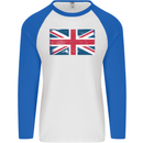 Distressed Union Jack Flag Great Britain Mens L/S Baseball T-Shirt White/Royal Blue