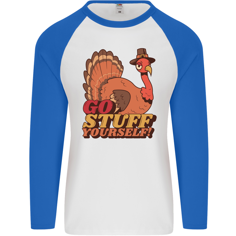 Stuff Yourself Funny Vegetarian Vegan Turkey Mens L/S Baseball T-Shirt White/Royal Blue