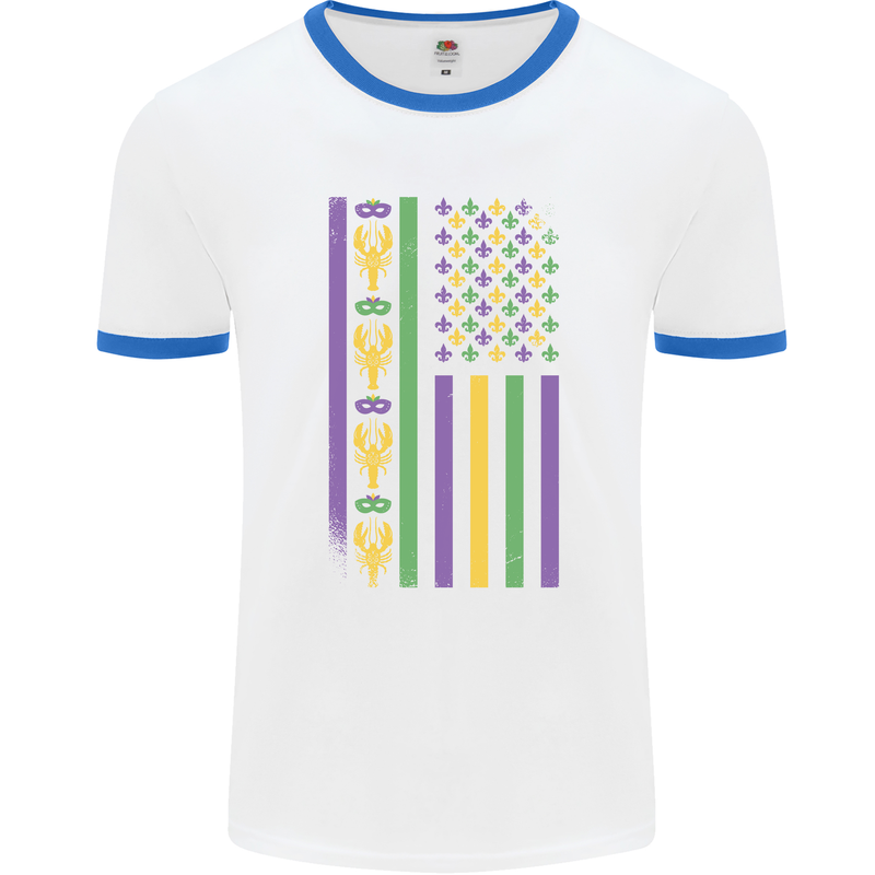 USA Mardi Gras American Flag America Mens Ringer T-Shirt White/Royal Blue