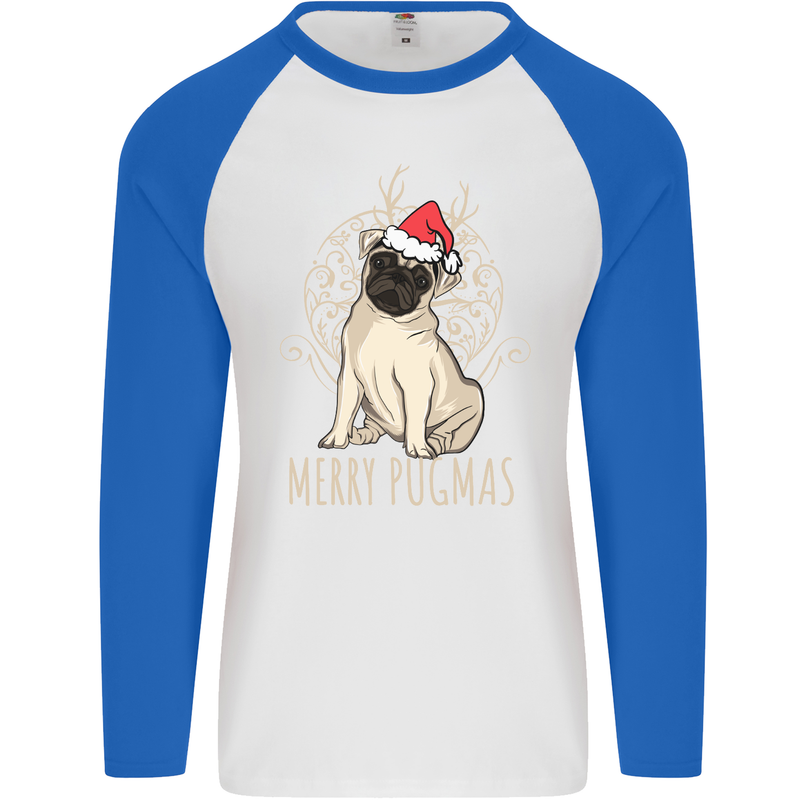 Merry Pugmas Funny Christmas Pug Mens L/S Baseball T-Shirt White/Royal Blue