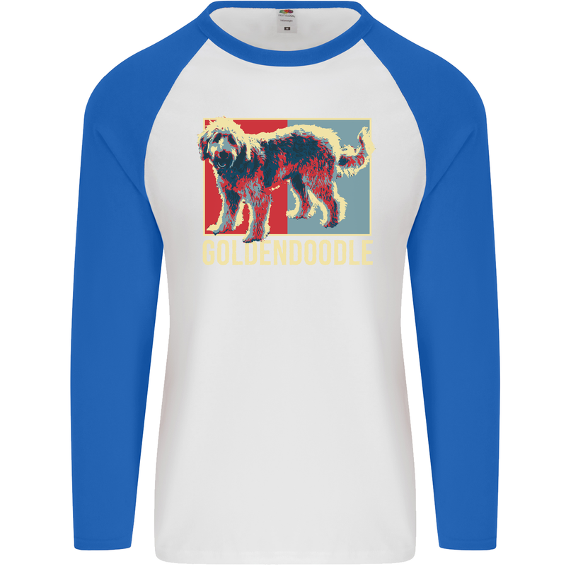 Goldendoodle Dog Art Mens L/S Baseball T-Shirt White/Royal Blue