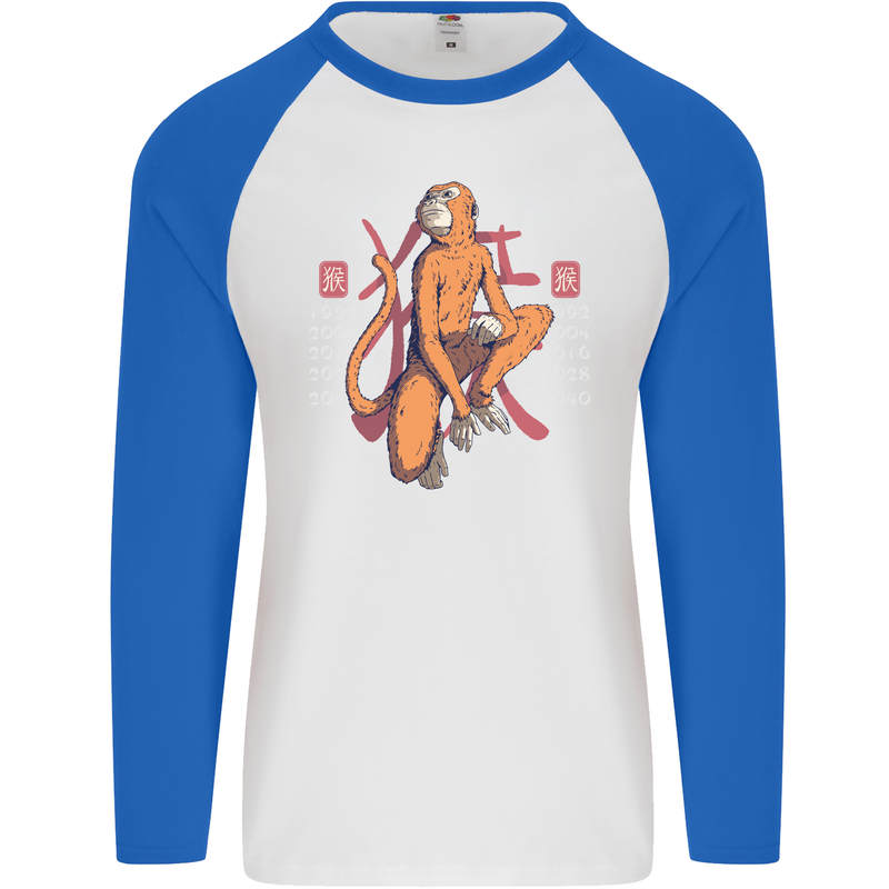 Chinese Zodiac Shengxiao Year of the Monkey Mens L/S Baseball T-Shirt White/Royal Blue