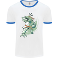 Karate T-Rex Dinosaur Mens Ringer T-Shirt White/Royal Blue