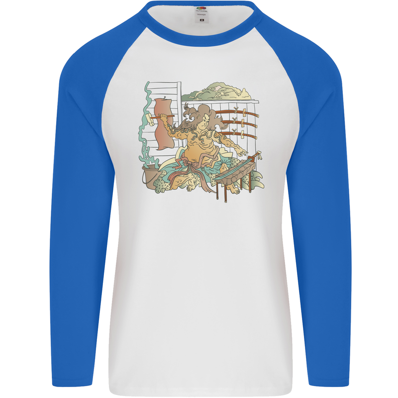 Katana Blacksmith Japanese Samurai Sword Mens L/S Baseball T-Shirt White/Royal Blue