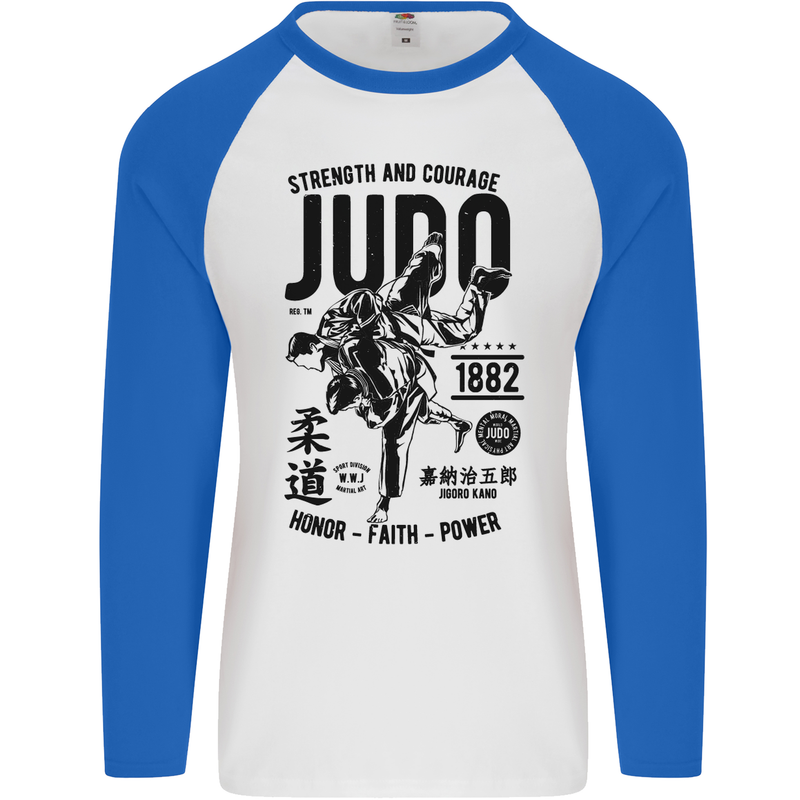 Judo Strength and Courage Martial Arts MMA Mens L/S Baseball T-Shirt White/Royal Blue