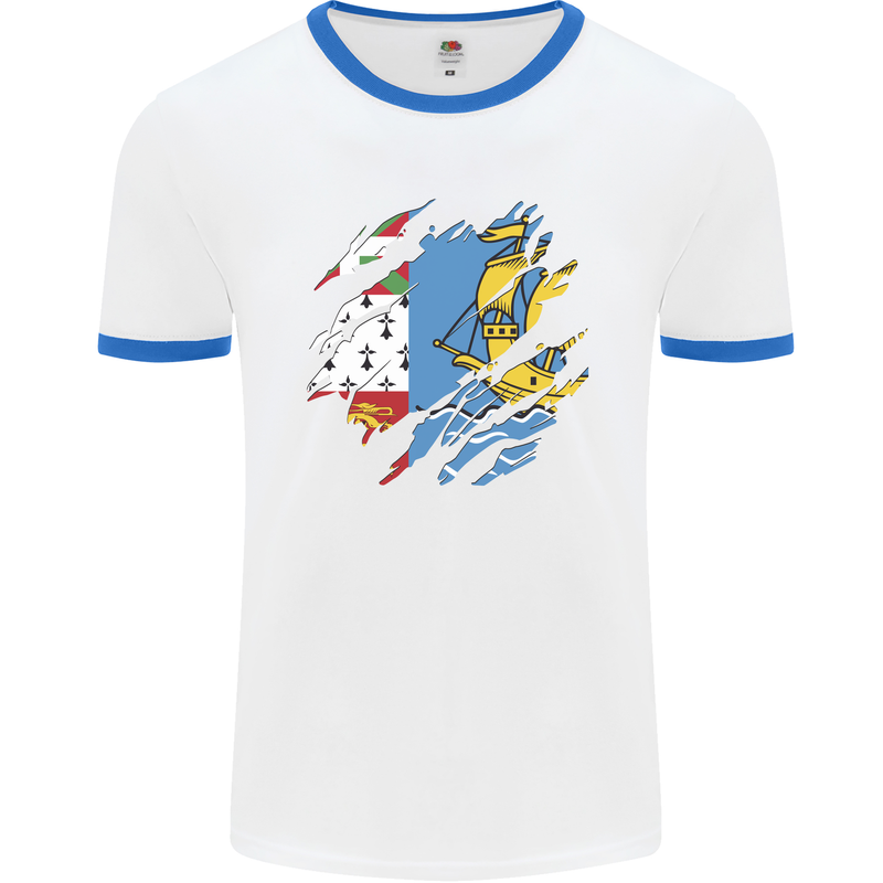 Torn Flag Saint Pierre and Miquelon Mens Ringer T-Shirt White/Royal Blue