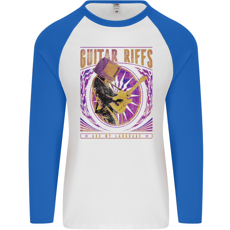 Guitar Riffs are My Language Mens L/S Baseball T-Shirt White/Royal Blue