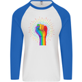 LGBT Fist Gay Pride Day Awareness Mens L/S Baseball T-Shirt White/Royal Blue