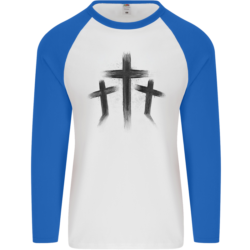 Three Grunge Crosses Gothic Mens L/S Baseball T-Shirt White/Royal Blue