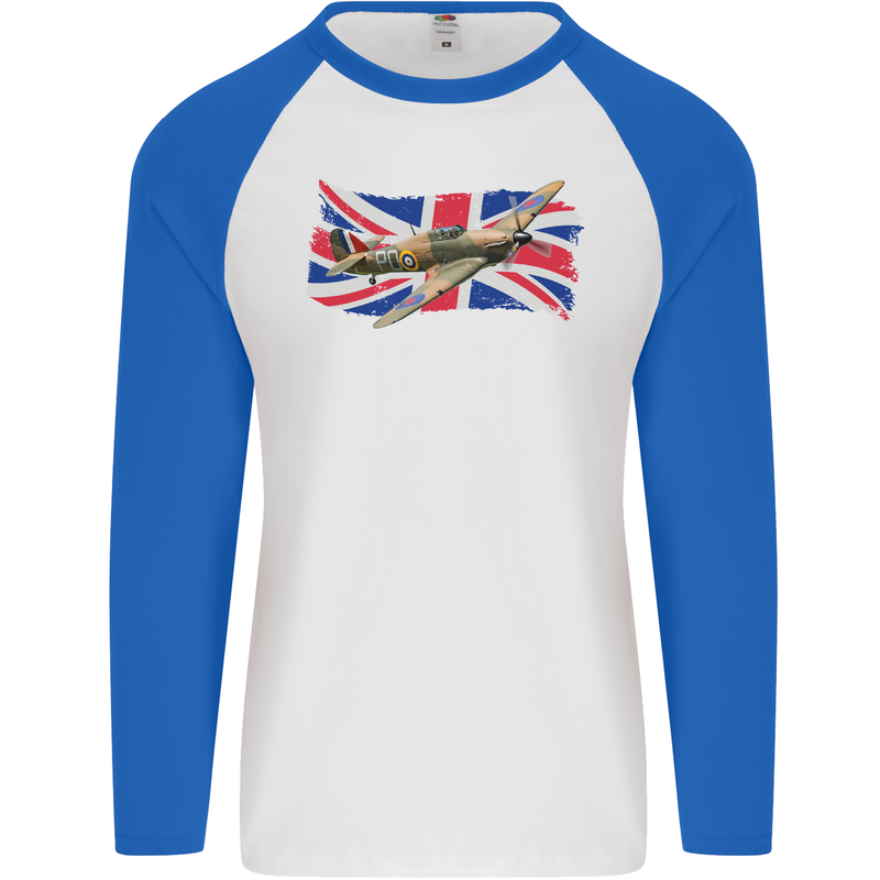 Hawker Hurricane with the Union Jack Mens L/S Baseball T-Shirt White/Royal Blue