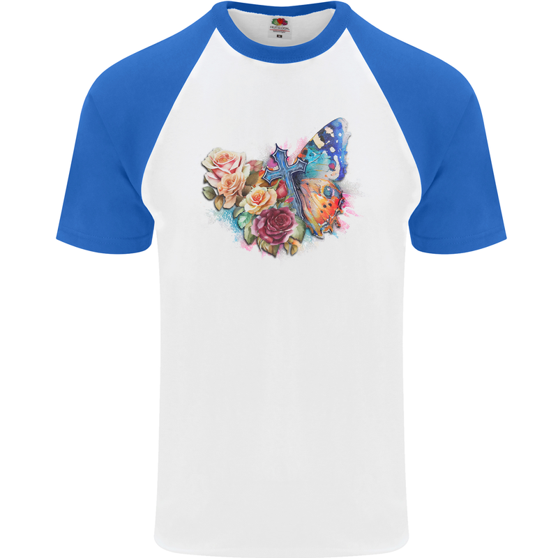 Christian Cross & Butterfly With Flowers Mens S/S Baseball T-Shirt White/Royal Blue